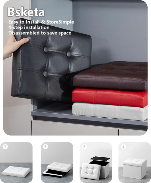 17x13x13in,White Bsketa Folding Storage Ottoman, Foot Stool with Thicker Foam Padded Seat Small Leather Storage Ottoman