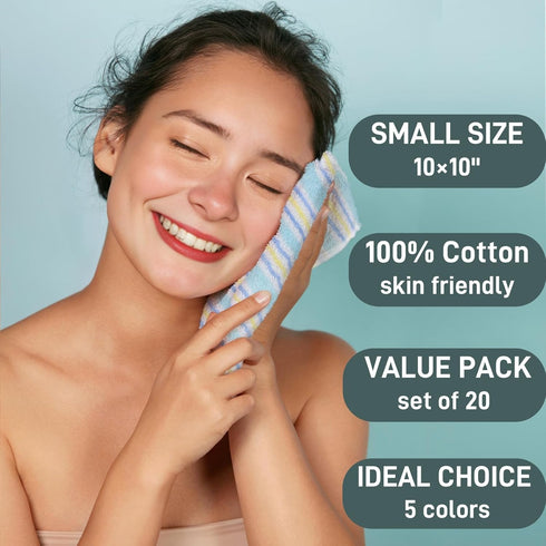 20 Pack 10x10 Inch 5 Pumtus Small Face Wash Cloths, Cotton Soft Hand Towel, Comfortable Striped Fingertip Towel
