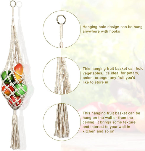 Geiserailie 2 Pieces Hanging Fruit Basket, Macrame Hanging Basket for Potato Onion and Fruit Storage, Boho Decor for