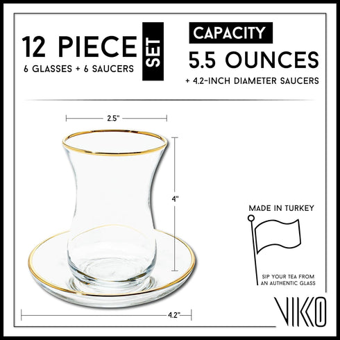Set, 6 6 5.5 Oz Set Vikko Turkish Tea Glasses & Saucers, Cups and Plates, Tea Cups, Turkish Glass Tea For Six, Clear