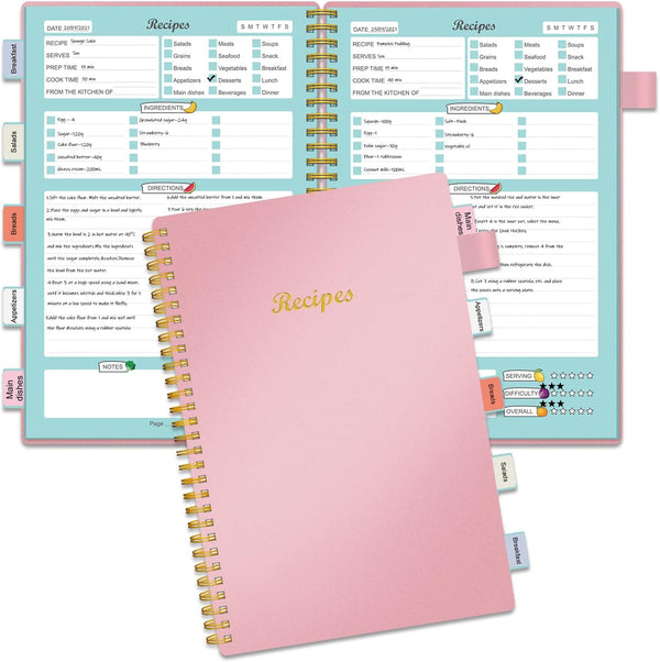 Recipe Book to Write Your Own Recipes, Blank Notebook with Tabs, 120 Pages Organizer, 8.5 x 5.5", Pink
