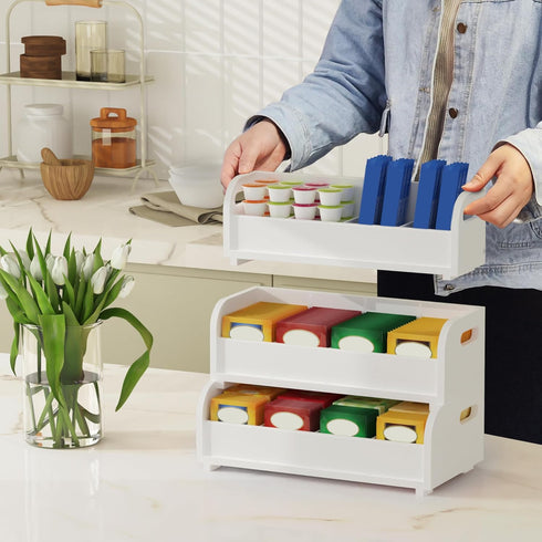 3-Tier Countertop Wisuce Tea Holder for Tea Bags Organizer - White Bamboo Tea Organizer for Tea Bags Stackable Wall