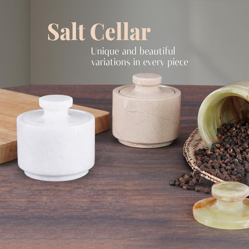 3" Counter, MARBLOUS KRAFTS Marble Salt Cellar with Lid White Salt Box, Stone Salt Container & Spice Jars, Stone Salt