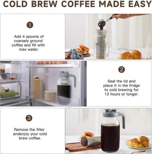 Cold Brew Coffee Maker Pitcher, 64 OZ Heavy Duty Glass Wide Mouth Mason Jar Pour Spout Airtight Lid with Stainless Steel Infuser Filter for Iced Coffee, Ice Tea, Brewed Making by Xylanor