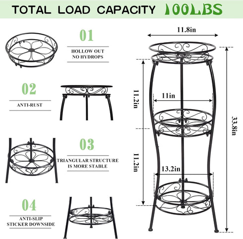 3 33.8 VECELO Tier Metal Outdoor Plant Stand Indoor, Rustproof Stable Tall Iron Flower Stand, Decorative Multiple Heavy