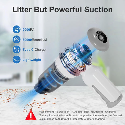 Mini Cordless Car Vacuum Cleaner, Portable 3 in 1 High Power Suction 9KPa, USB-C Charging for Car Home & Office