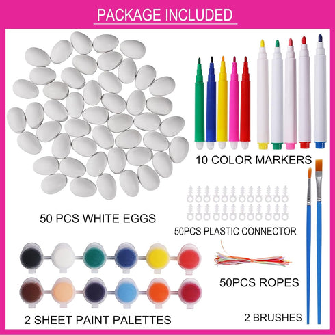 50 Max Fun Pcs White Blank Easter Eggs Ornaments Bulk Decoration for Craft Hanging Plastic Artificial Eggs with Rope
