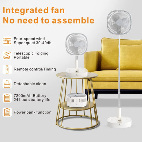 Magesh 7200Mah 4 Portable Pedestal Fan - Foldaway Standing Fan Foldable Desk Fan, Use Rechargeable Battery, Remote