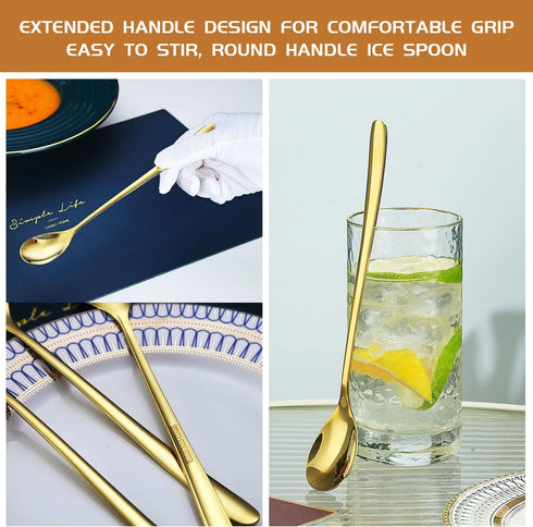 Long Handle 9.5 Inch Iced Cream Spoons, Stainless Steel Cocktail Stirring Spoons Set of 6 for Dessert