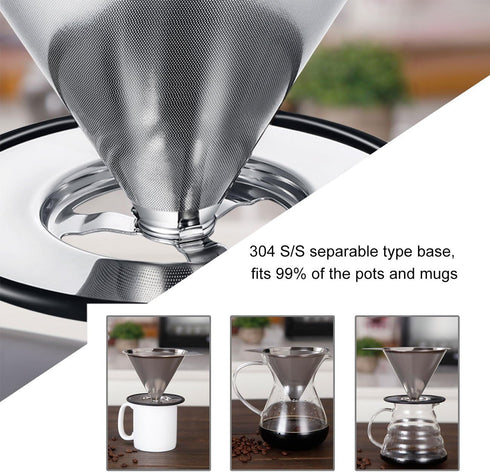 LHS Stainless Steel Pour Over Coffee Dripper - Reusable Metal Cone Filter - Single Cup Coffee Maker 1-4 Cup