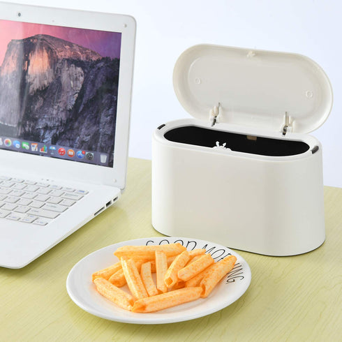SUBEKYU Mini Trash Can with Lid, Small Desk Trash Can, White, Includes 3 Roll Bags