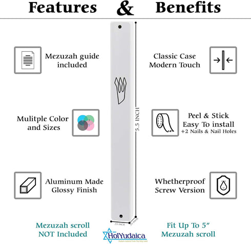 3-Pack Classic Aluminum Mezuzah Case for Mezuzah Scroll (with Nail), Weather Proof, Easy Peel and Stick (White, 5.5inch)