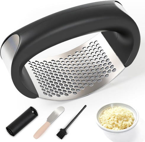 ELIVARA Stainless Steel Garlic Press Rocker Set (Black) - Includes Silicone Peeler and