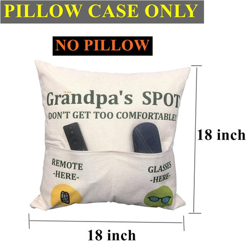 Grandpa Gifts, 2-Pocket Grandpa’s Spot Throw Pillow Covers 18x18 Inch + Engraved Spoon, Gifts for Papa
