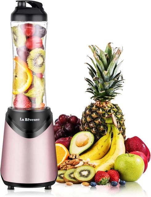 La Reveuse Personal Size Smoothies Blender, 300 Watts with 18 oz BPA-Free Portable Travel Bottle (Pink)