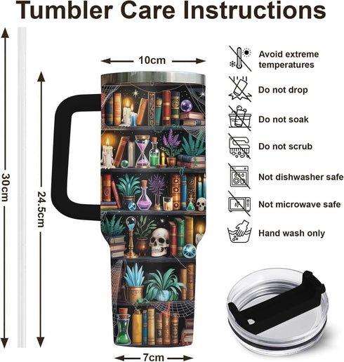 40oz Reading Bookshelf Tumbler With Handle And Straw, Insulated Stainless Steel Travel Cup, Bookish Water Bottle