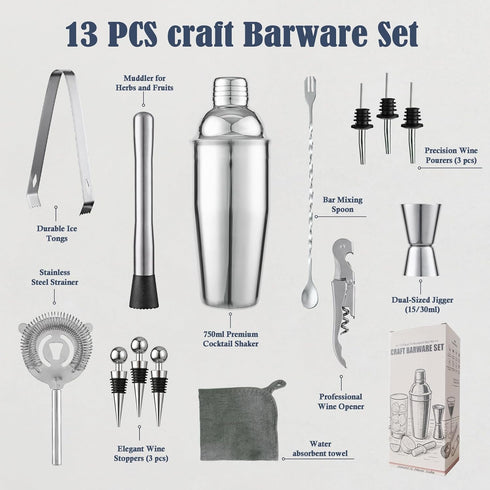 13-Piece Set Set Bartender Kit Bar Tool Boston Cocktail Shaker with Muddler,Strainer,Jigger,SpoonHome Bar Accessories