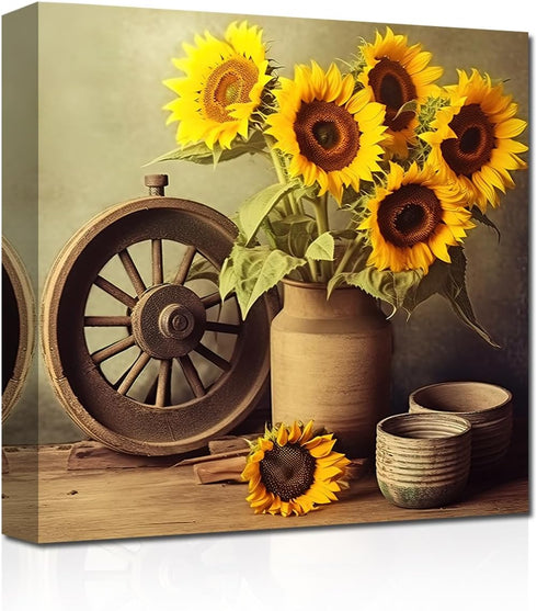 CXHOSTENT Sunflower Wall Decor, Farmhouse Flower Canvas Prints for Bathroom Kitchen Rustic Yellow Floral Paintings