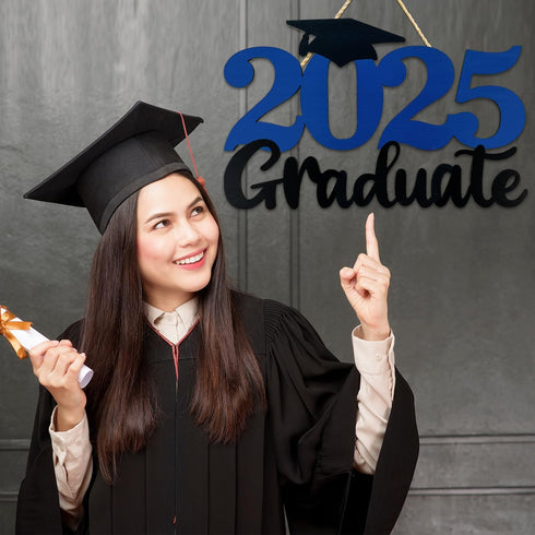 2025 Graduation Party Decorations Wooden Sign, Blue Class of 2025 Photo Booth Props for Graduation Party Supplies