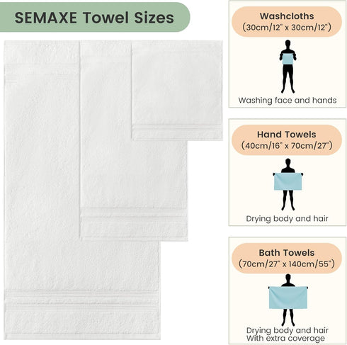 6-Piece Set, 600GSM 100% 2 Packaging, SEMAXE Solid Towel White, Cotton, Each of Bath Towel, Hand Towel, and Washcloths
