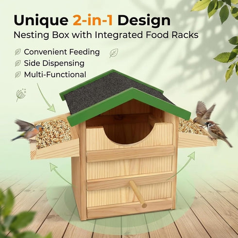 VORA 9 Inches Owl House, Wooden Bird House with Food Rack, Large Handmade Opening Owl Nesting Box with Mounting Screws
