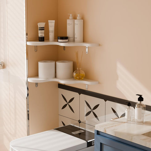 Set 2 90-Degree Cute Cloud Corner Shelves - of White Wooden Floating Corner Shelves Wall Mounted, Space-Saving Nursery