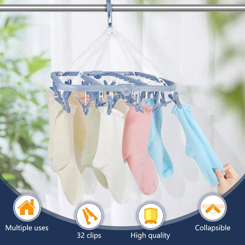 Aolloa Clothes Drying Rack - 32 Clothespins, Foldable Hanging Drying Racks with 360 Rotatable Hook (Blue)
