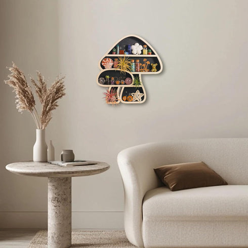 Cute Mushroom Decor, Wooden Floating Mushroom Shelf for Wall, Crystal Display Shelf Rock Gem Stone Display Shelf Wall
