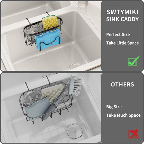 SWTYMIKI Movable Kitchen Sink Caddy - Stainless Steel Sponge Holder with M Shape Hook for Dish Sponge, Brush, Organizer
