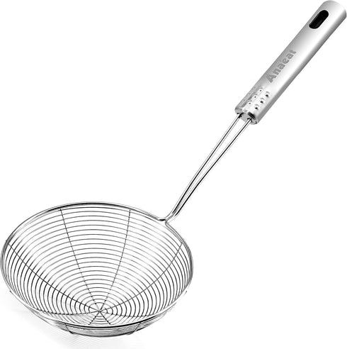 Anaeat 5.3" Stainless Steel Spider Strainer Skimmer, Professional Kitchen Pasta Strainer Spoon with Long Handle