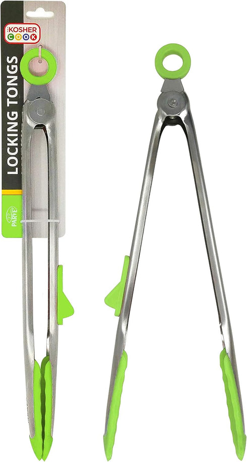 Parve Green Locking Kitchen Tongs, 12” Heavy Duty Multipurpose Tool, Stainless Steel with Non-Stick Tips