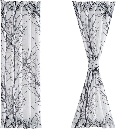 FMFUNCTEX Sheer Side Front Door Curtains 40" White Black Branch Tree Print with Matching Tiebacks