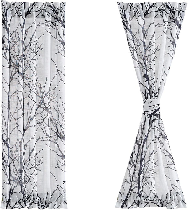 FMFUNCTEX Sheer Side Front Door Curtains 40" White Black Branch Tree Print with Matching Tiebacks