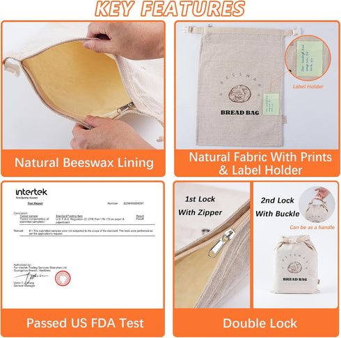 ORORIN (2-Pack) Beeswax Bread Bags for Sourdough,Reusable Linen Waxed Sourdough Bread Bags for Homemade Bread,Bread