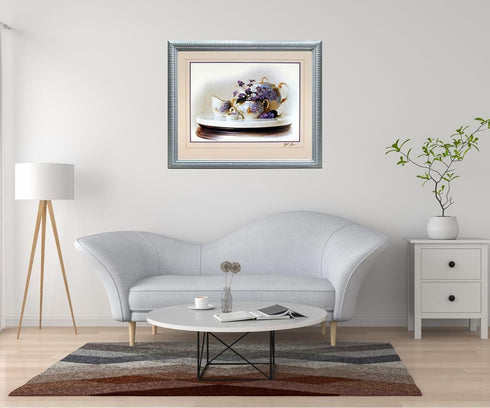 Country Wall Decor Art Print Poster, Violets Flowers & Kettle Tea Pot Still Life (16x20)