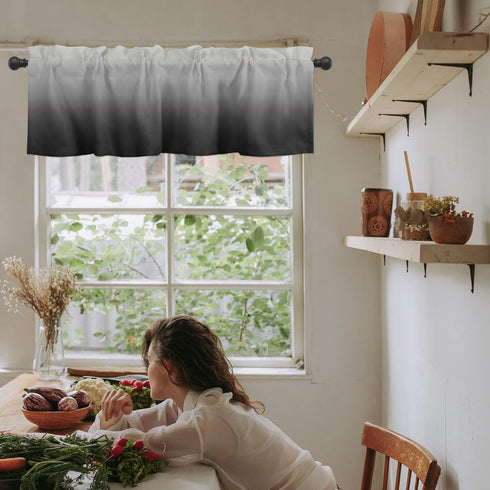 Valance Curtain for Kitchen, Ombre Black Grey Window Valance for Living Room, Rod Pocket Valances for Bedroom