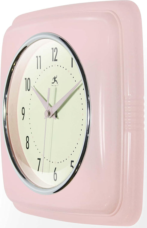 Infinity Instruments Square Silent Retro Wall Clock, 9 inch Mid Century Modern Kitchen Diner Quartz Sweep Movement, Pink