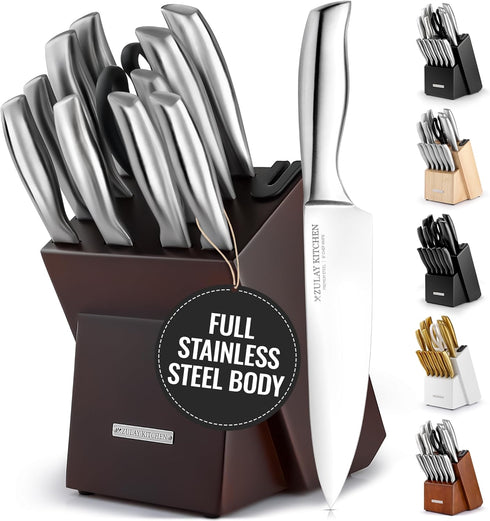 Zulay 12-Piece Premium Knife Set with Natural Wood Block, Ultra Sharp Stainless Steel Knives