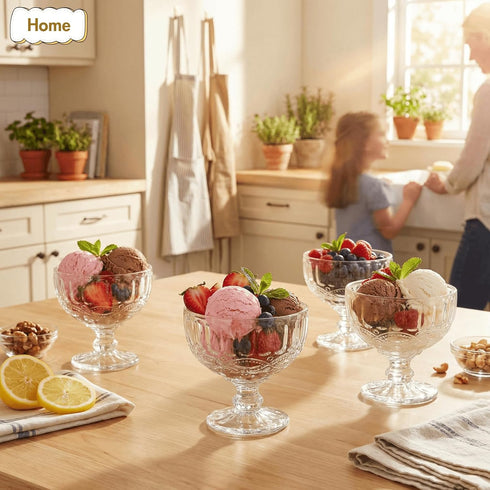 6 Pack 12oz Youeon Vintage Embossed Glass Dessert Cups, Footed Sundae Glasses for Ice Cream, Parfait, Trifle, Fruit