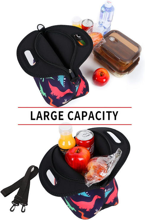 Violet Mist Neoprene Lunch Bag | Reusable Insulated Box with Adjustable Shoulder Strap for Men and Women, Dinosaur 2