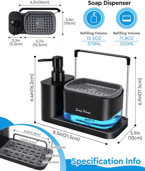 Set 5-in-1 Countertop Hand and Dish Soap Dispenser with Tray, Dual Soap Dispenser with Sponge Holder and Dishcloth