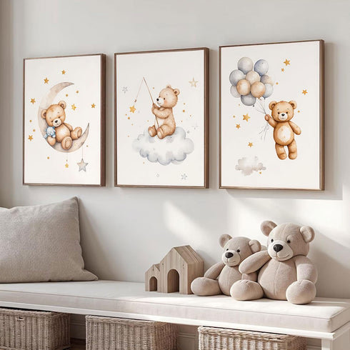 3Pcs 12x16in Teddy Bear Nursery Wall Art Bear Sleeping on The Moon and Stars Wall Decor Pictures Balloon Cloud Neutral