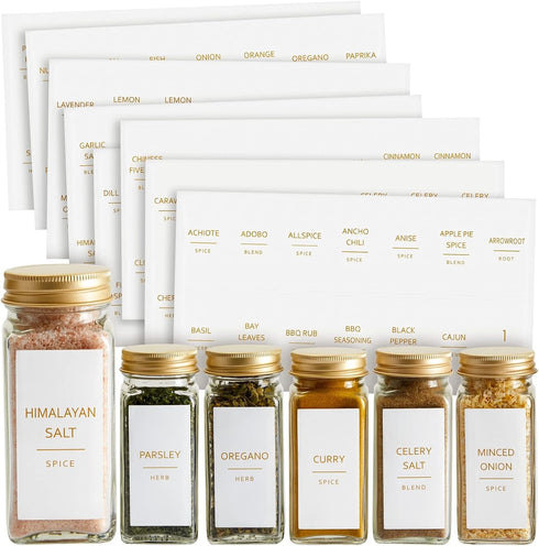 Talented Kitchen 140 Pack of Minimalist Spice Jar Labels, Preprinted Water Resistant Stickers (Gold Text)