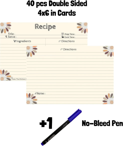 Recipe Cards 4x6 Double Sided, 40 Count Blank Recipe Cards with Gift Pen