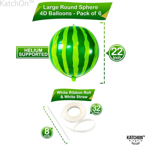 KatchOn Big 22 Inch Watermelon Balloons - Pack of 6, 4D Round Watermelon Mylar Balloon for Summer Party Decorations