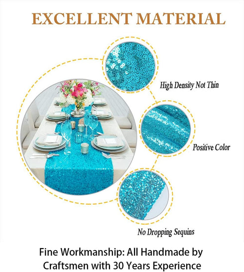 ShinyBeauty Turquoise Sequin Table Runner 12x108-Inch Aqua Party Runner for 30th Birthday Decorations