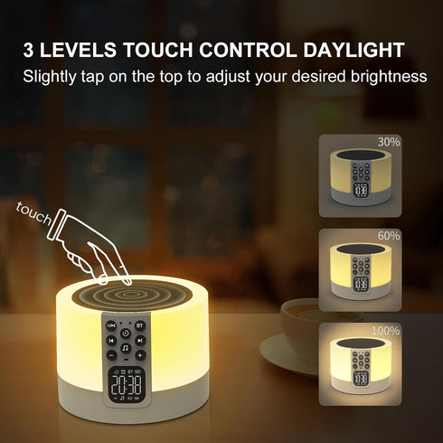 AFEXOA Dimmable 48 10 11 12 13 14 15 Night Light Bluetooth Speaker Alarm Clock, Sound Machine with White Noise, Touch