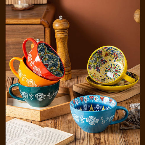 JINNTHE 15 Oz Bohemian Hand-Painted Ceramic Mug, Large Coffee Cup for Milk, Tea, and Breakfast, Dishwasher & Microwave