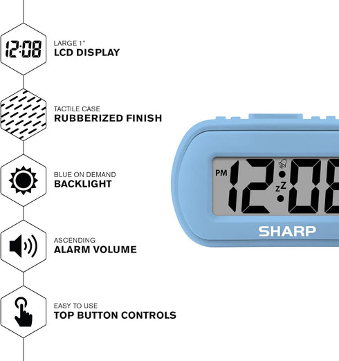 Sharp Digital Alarm Clock, Tactile Case with Soft Rubberized Finish, Battery Operated, Blue Backlight on Demand,