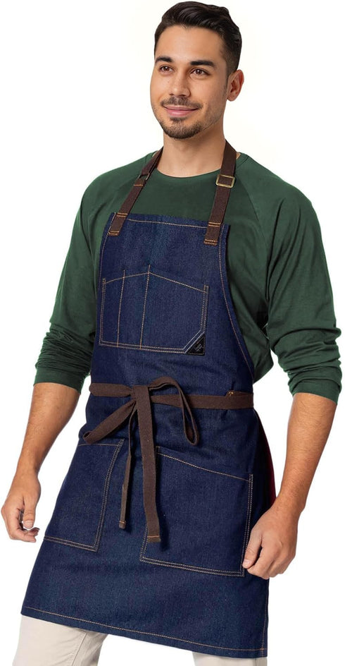 Under NY Sky Chef Apron - Professional Blue Denim, Adjustable Cotton Straps, Smart Pockets for Men and Women